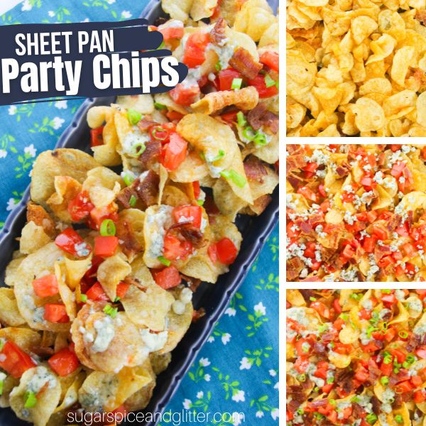 composite image of an overhead image of kettle chips on a blue platter topped with melted blue cheese, tomatoes, bacon and green onions along with three in-process images of how to make blue cheese party chips