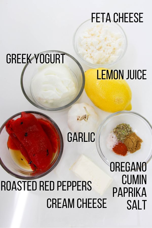 labeled ingredient image showing what is needed to make roasted red pepper dip
