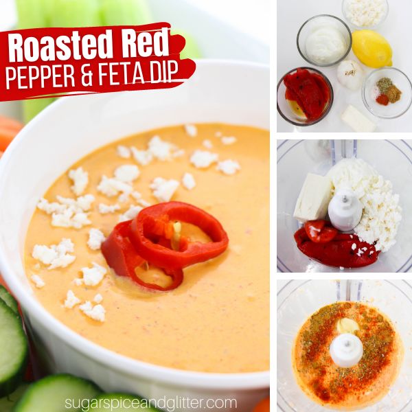 composite image showing a white bowl filled with roasted red pepper and feta dip along with three images showing how to make the recipe