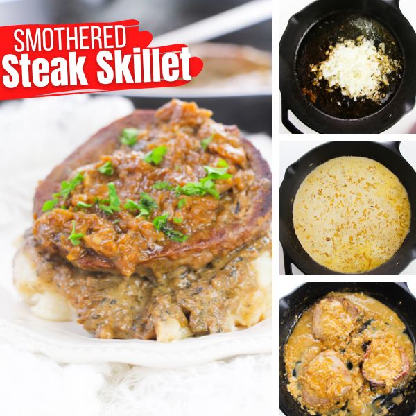 composite image of a steak smothered in onion gravy and sprinkled with parsley on a white plate with a cast-iron pan in the background along with three images showing how to make the steak recipe