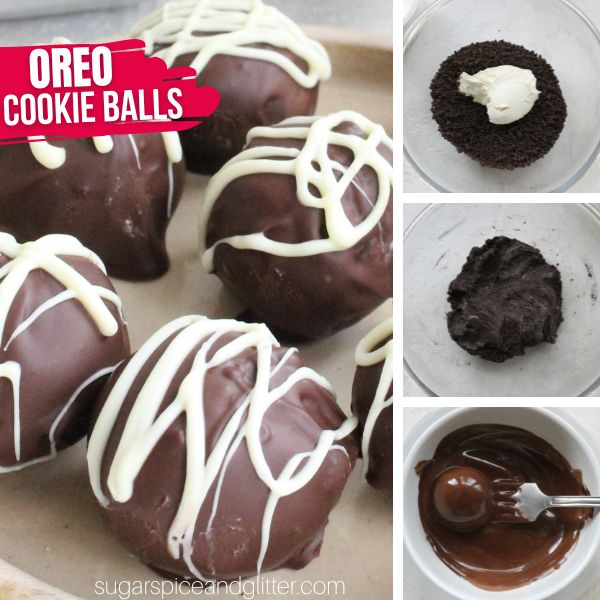 composite image of OREO cookie balls plus three images showing how to make them