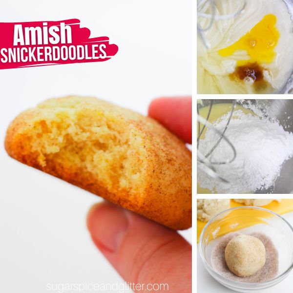 composite image of a hand holding a bitten-into Amish snickerdoodle cookie, along with three in-process images of how to make the cookies