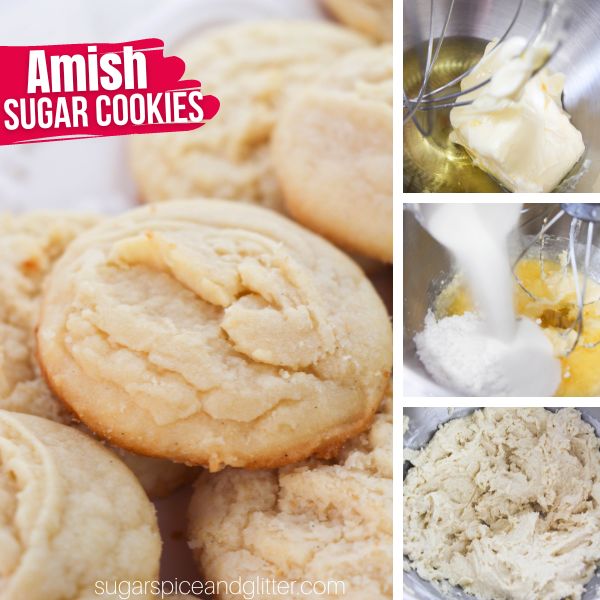 composite image showing a close-up amish sugar cookies plus images to make it