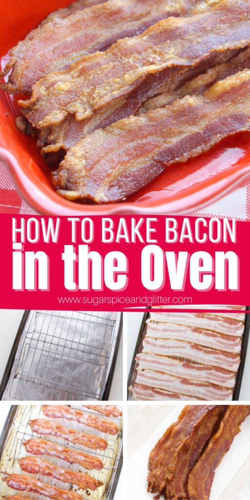 Oven baked bacon is the key to crispy, flat, evenly cooked bacon without the mess. Perfect for an easy breakfast or for prepping ahead to use in salads, sandwiches or grabbing to-go during the week.