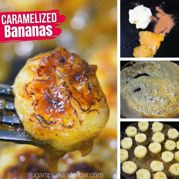 composite image containing a close-up picture of caramelized bananas on a fork along with three in-process images of how to make caramelized bananas