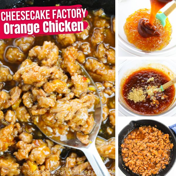 composite image of a skillet of orange chicken along with three in-process images of how to make it