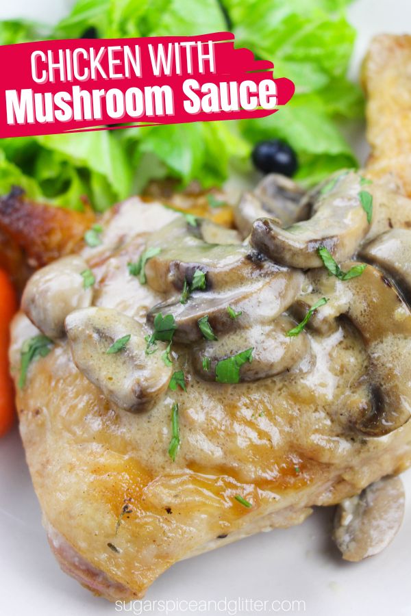 One-pan chicken with mushroom sauce recipe uses inexpensive chicken quarters but can use bone-in chicken thighs. The chicken quarters work beautifully in this dish because they stay juicy and tender while the creamy mushroom sauce slowly simmers to develop amazing depth of flavor.