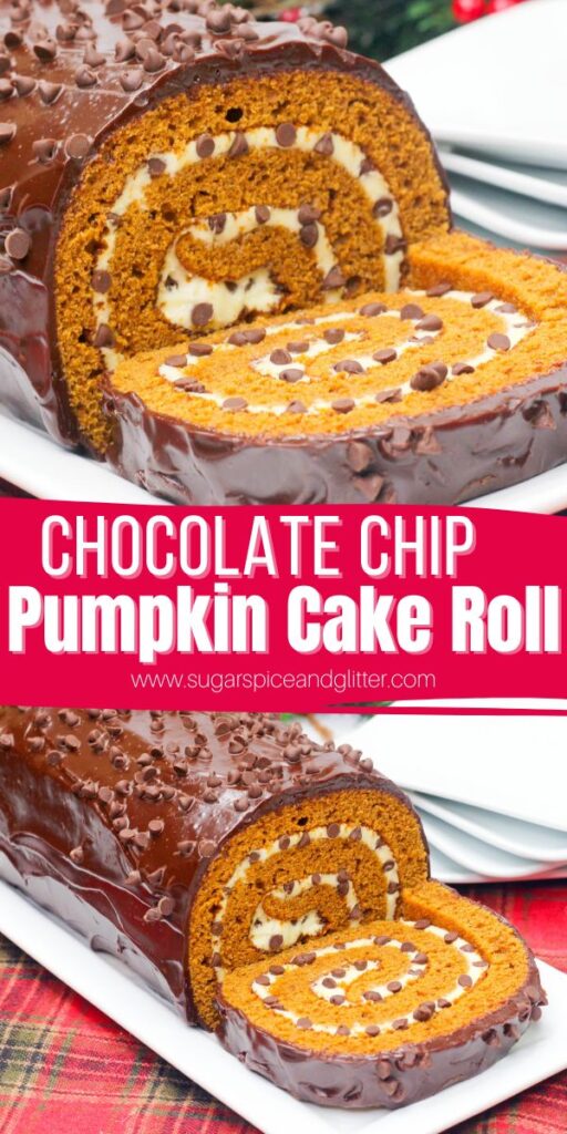 Our latest fall dessert recipe is an elevated take on a classic pumpkin cake roll, a Chocolate Chip Pumpkin Cake Roll with tangy and sweet cream cheese filling with plenty of mini chocolate chips throughout, topped with a luscious and smooth chocolate ganache.
