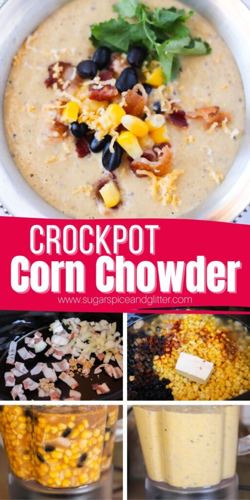 Crockpot Corn Chowder is a cozy, creamy and comforting soup perfect for summer or as a hearty fall meal. The gentle sweetness of the corn is balanced perfectly with smoky bacon, aromatic vegetables and earthy seasonings.