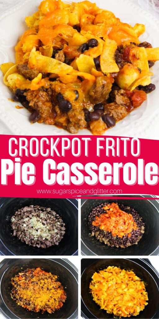 Crockpot Frito Pie is a quick and easy way to make this classic casserole without heating up the whole house. It's hearty, filling and flavorful with plenty of well-seasoned beef and beans topped with crunchy, salty Fritos and melted cheddar cheese.