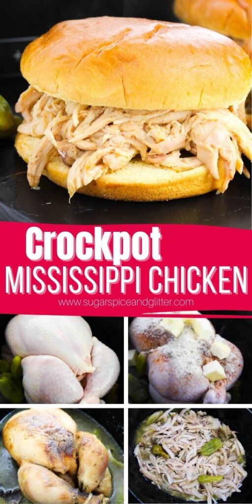 Crockpot Mississippi Chicken is a hearty, juicy and slightly spicy chicken recipe perfect on sandwich buns, pasta or alongside a fresh salad. Turn the leftover cooking liquid into a spicy gravy with just a sprinkle of flour for the ultimate in indulgence.