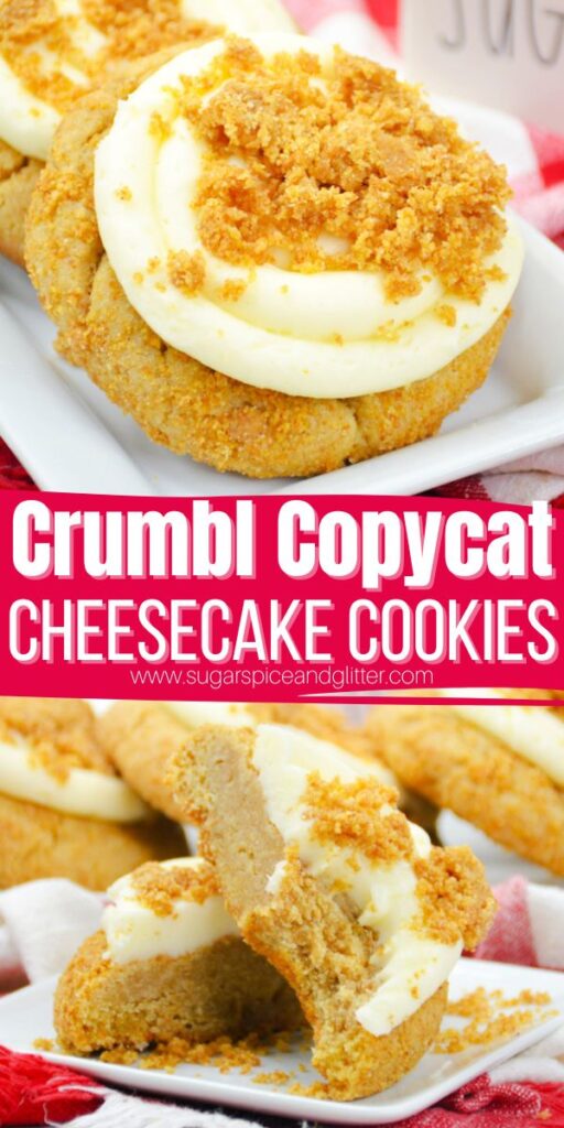 Our take on Crumbl's Cheesecake Cookie recipe with our soft brown sugar cookie dough enhanced with graham crackers and syrup, topped with a luscious vanilla frosting and a buttery graham cracker topping. It's a decadent dessert that tastes just like a cheesecake in a convenient cookie format.