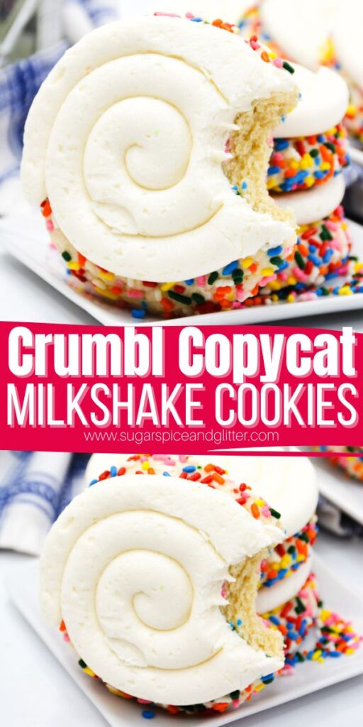 Copycat Crumbl milkshake cookies are soft, thick sugar cookies topped with creamy vanilla frosting and rolled in rainbow sprinkles. Perfect for surprising fans of the famous pink box or serving up at parties.