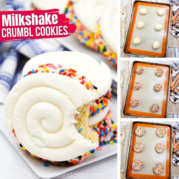 composite image showing a milkshake cookie with a bite taken out, along with three images showing how to make the recipe