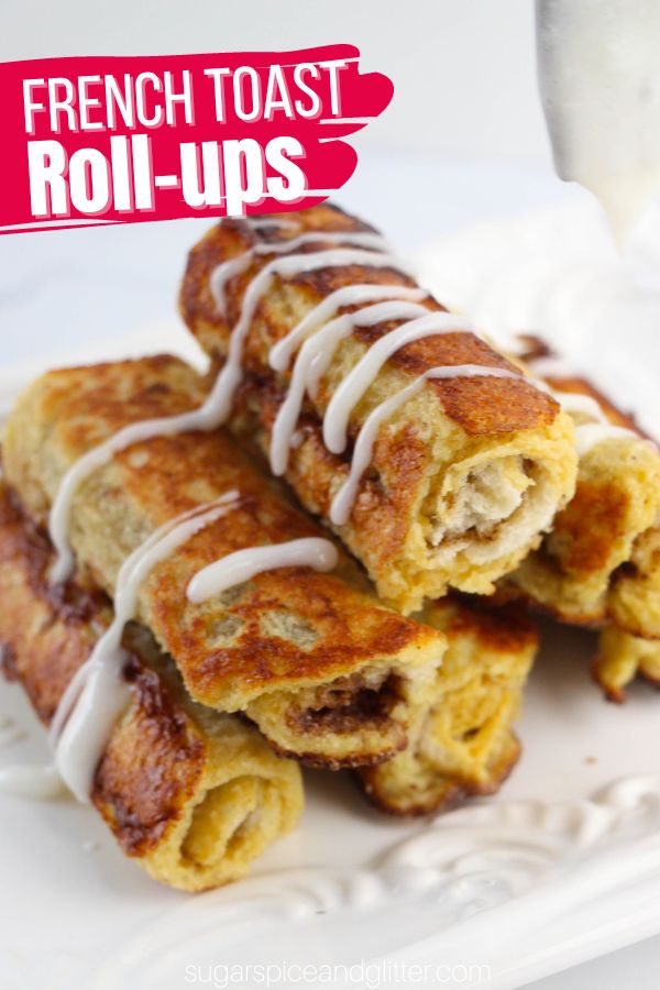 Cinnamon Roll French Toast Roll-ups combine the golden, crunchy exterior of a classic French toast with the custardy, softness of the bread's interior and a melt-in-your-mouth, silky cinnamon-sugar filling that tastes just like the filling of your favorite cinnamon buns! All in a convenient, dippable format - and with an optional cream cheese frosting drizzle, just to make this breakfast treat extra special.
