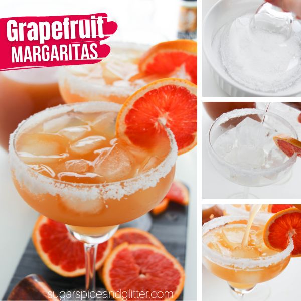 composite image of grapefruit margaritas and three in-process images of how to make them