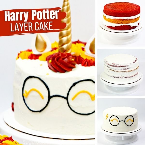 composite image of a harry potter unicorn cake plus three in-process images of how to make the cake