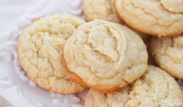 close-up images of amish sugar cookies on a white platter