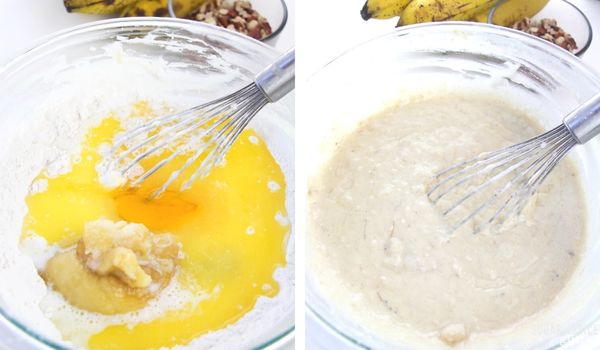 in-process images of how to make banana nut pancakes