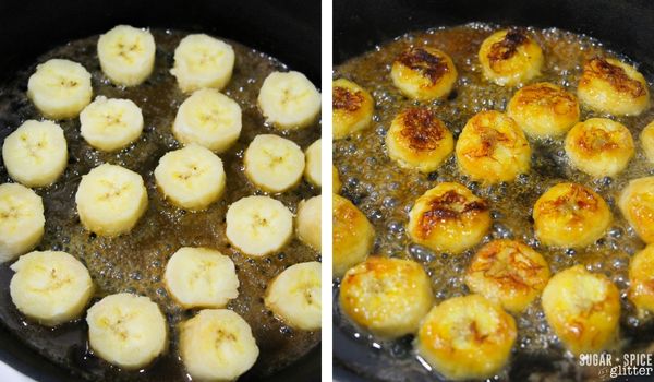 in-process images of how to make caramelized bananas
