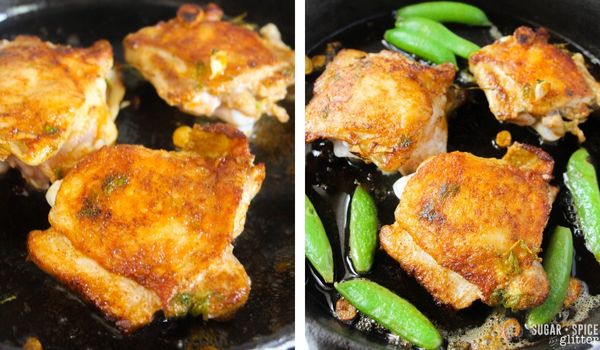 in-process images showing how to make cilantro lime chicken in a skillet