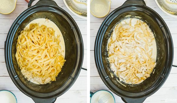 in-process images of how to make crockpot cajun chicken pasta