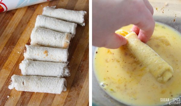 in-process images showing how to make cinnamon roll french toast roll-ups