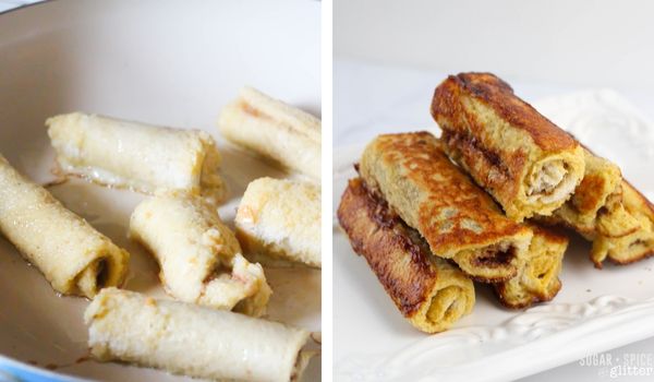 in-process images showing how to make cinnamon roll french toast roll-ups