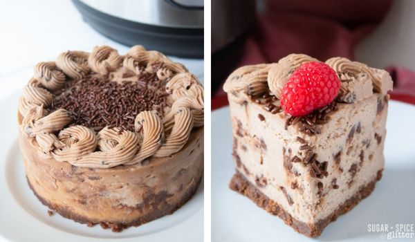in-process images of how to make a triple chocolate cheesecake in the instant pot