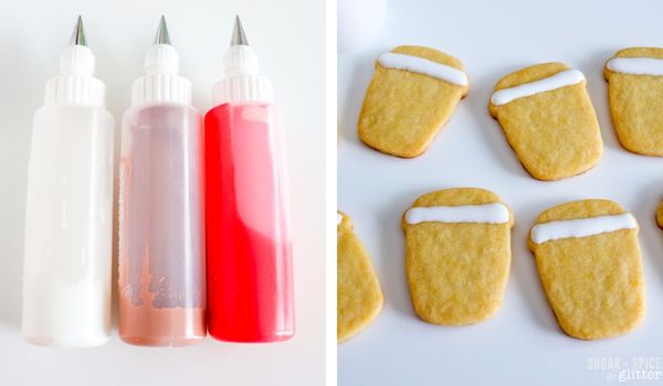 in-process images showing how to decorate Starbucks red cup sugar cookies