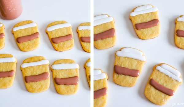 in-process images showing how to decorate Starbucks red cup sugar cookies