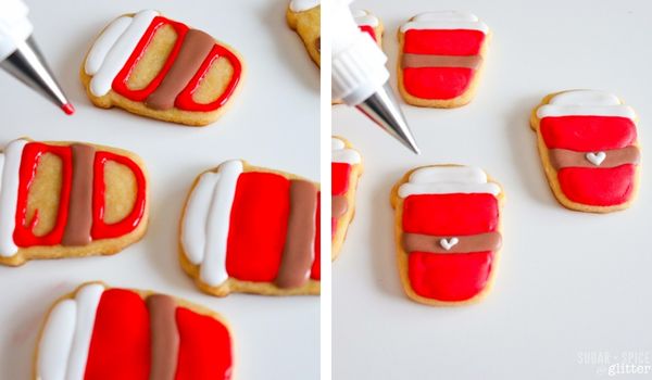 in-process images showing how to decorate Starbucks red cup sugar cookies