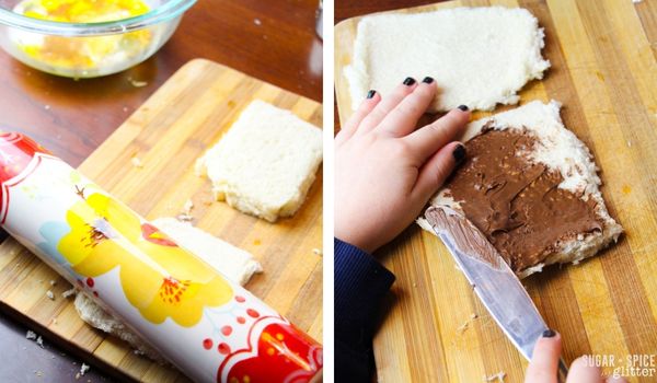 in-process images showing how to make Nutella french toast roll-ups