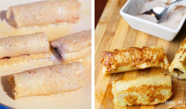 in-process images showing how to make Nutella french toast roll-ups
