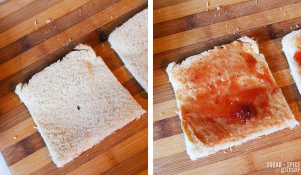 in-process images showing how to make pb&j french toast roll-ups