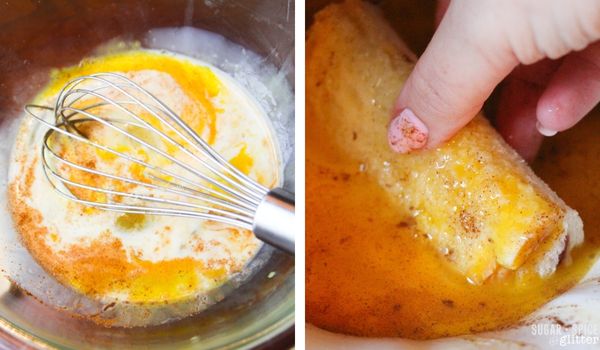 in-process images showing how to make pb&j french toast roll-ups