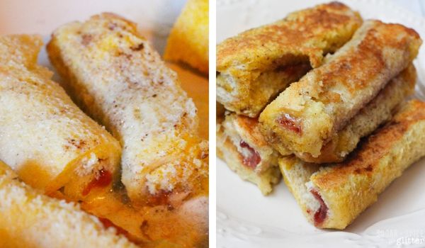 in-process images showing how to make pb&j french toast roll-ups