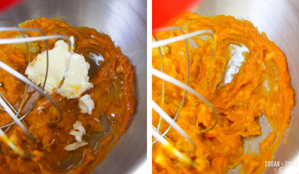 in-process images of how to make pumpkin banana bread