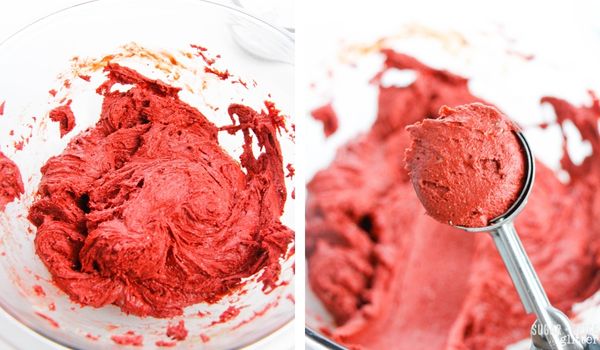 2 photo collage of red velvet cookie batter in bowl and in scoop.