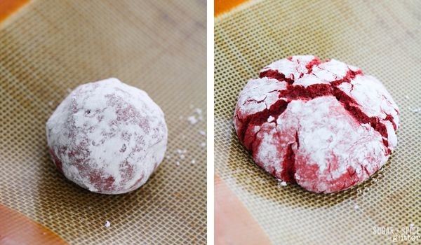 red velvet crinkle cookie before and after baking.