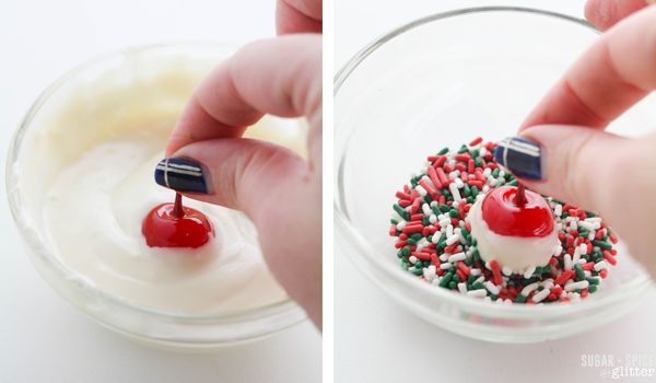 in-process images of how to make spiked Christmas cherries