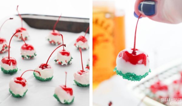 in-process images of how to make spiked Christmas cherries