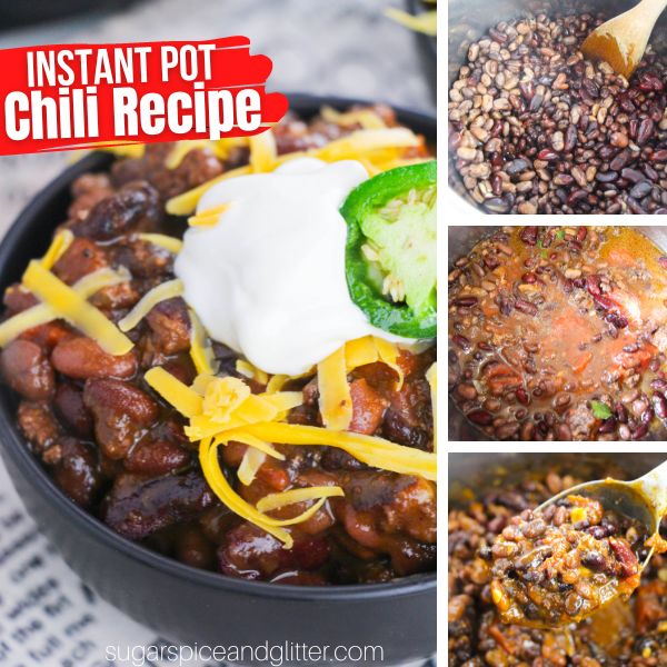 composite image of a black bowl filled with beef and bean chili topped with sour cream, shredded cheddar cheese and a jalapeno pepper slice, along with three in-process images of how to make it in the Instant Pot