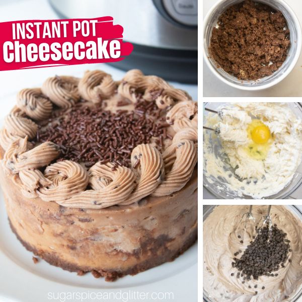 composite image of a triple chocolate cheesecake plus three in-process images of how to make it