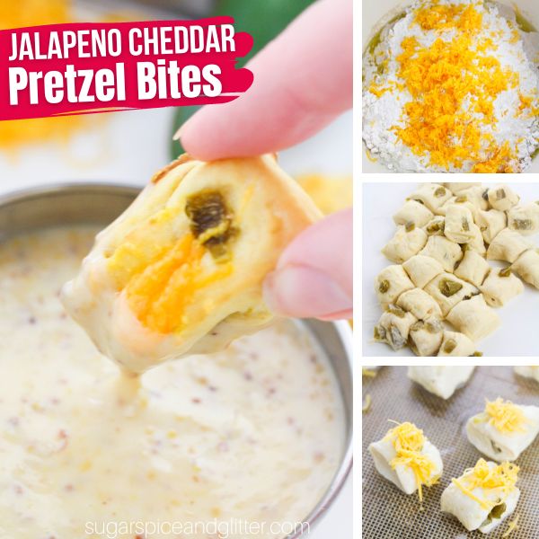 composite image of a jalapeno pretzel nugget being dipped in spicy mustard sauce along with three in-process images of how to make jalapeno cheddar pretzel bites