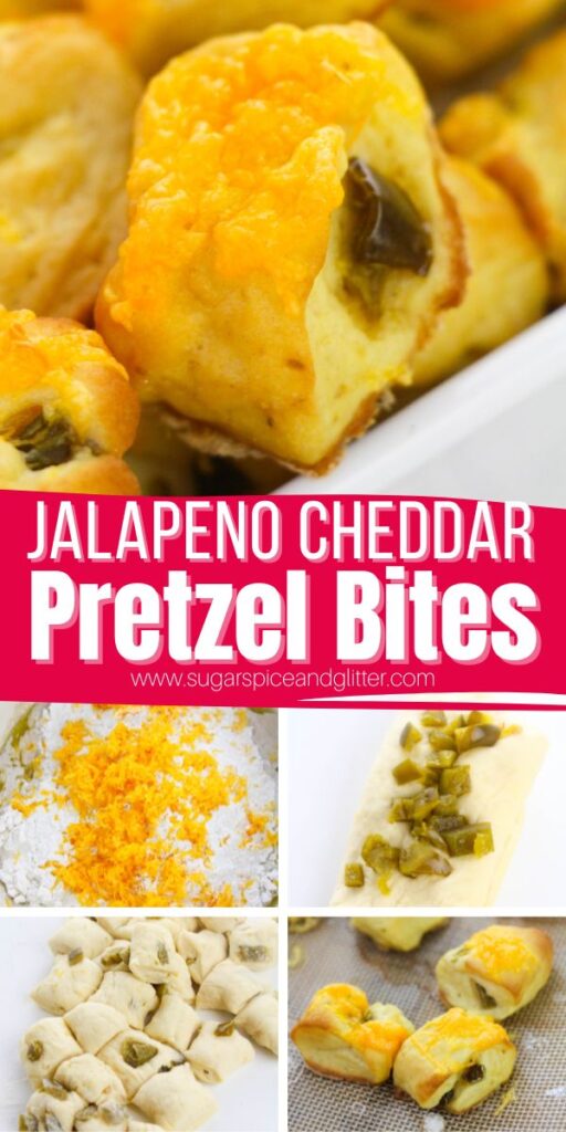Today's homemade pretzel bites recipe is salty, buttery, cheesy and just a bit spicy! Homemade Jalapeño Cheddar Pretzel Bites are the perfect snack for enjoying while watching the game or just a delicious way to satisfy a serious carb craving.