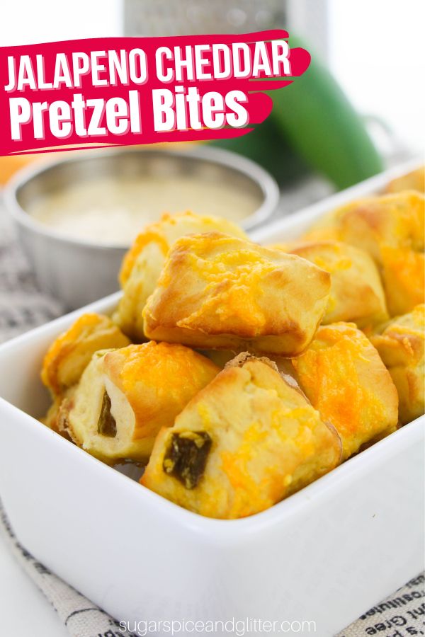 Jalapeño Cheddar Pretzel Bites are chewy, buttery and cheesy with the perfect amount of zingy, tangy, acidic bite from pickled jalapeños. They taste like they came straight from a restaurant - or everyone's favorite mall pretzel kiosk.