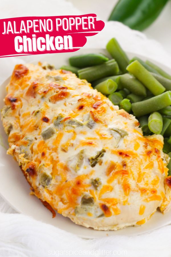 For this Jalapeño Popper Chicken, tangy Greek yogurt is seasoned with garlic powder, onion powder, white pepper and salt before amping up the flavor with rich cheddar cheese, salty bacon and mild heat from diced (deseeded) jalapeño peppers. As the chicken bakes, the yogurt coating forms a golden crust that helps keep the chicken breasts juicy.