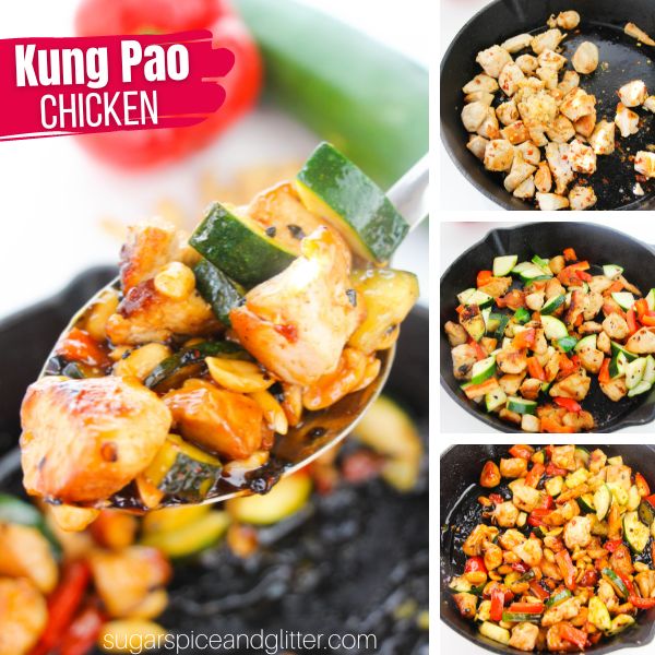 composite image of a scoop of Kung Pao Chicken over a skillet along with three images showing how to make the recipe