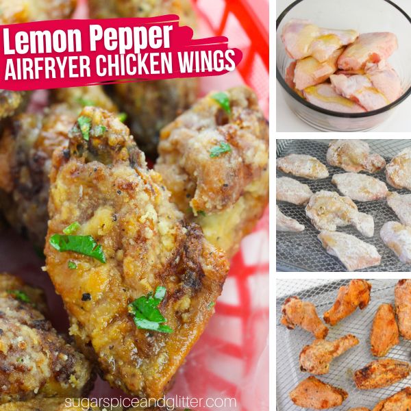 composite image of a close-up of lemon pepper chicken wings along with three in-process images of how to make them in the airfryer